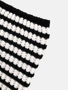 Boho Style Lace-Up Neck Backless Contrast Striped Cami Top & Tight Fit Crop Hem Skirt Knitted 2-Piece Set - Black and White - View 6
