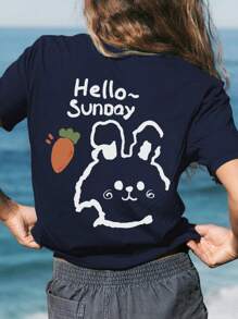 1pc Tween Girl 8-14 Years Double-Sided Bunny Print Short Sleeve T-Shirt, Summer - Navy Blue - View 1