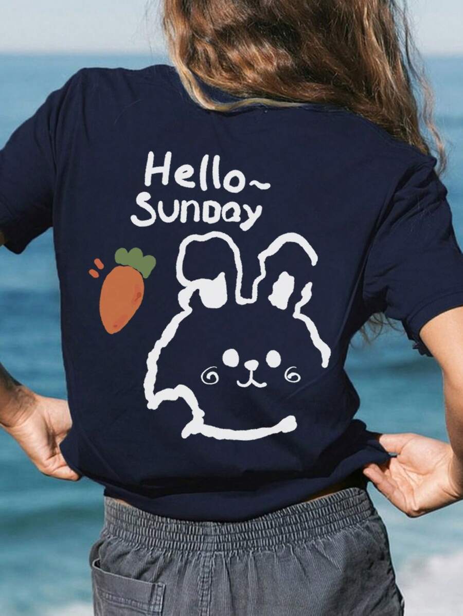 1pc Tween Girl 8-14 Years Double-Sided Bunny Print Short Sleeve T-Shirt, Summer - Navy Blue - View 1