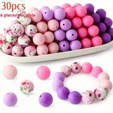 30 件粉色和黑色硅胶珠星玫瑰蝴蝶结装饰 15 毫米圆形和多边形焦点珠工艺品 DIY 珠宝制作套件、串珠用品、串珠爱好者的礼物 - 彩色 - 查看 17