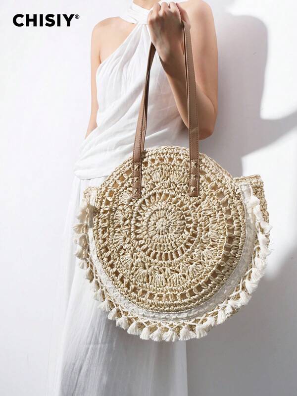 CHISIY Handmade Original Designer Tote Bag, Shoulder Bag, Clutch, Straw Bag, Bucket Bag, Wedding Bag, Nurse Bag, Beach Bag, Camel Bag, Retro Casual Chic Classic Artistic Decorative Fashion Versatile Spacious Practical Modern Woven Raffia Handcraft Bag, Suitable For Autumn/Winter, Work, Shopping, Travel, Dating, School/University, Gift For Women, Valentine's Day, Mother's Day, Anniversary, Graduation