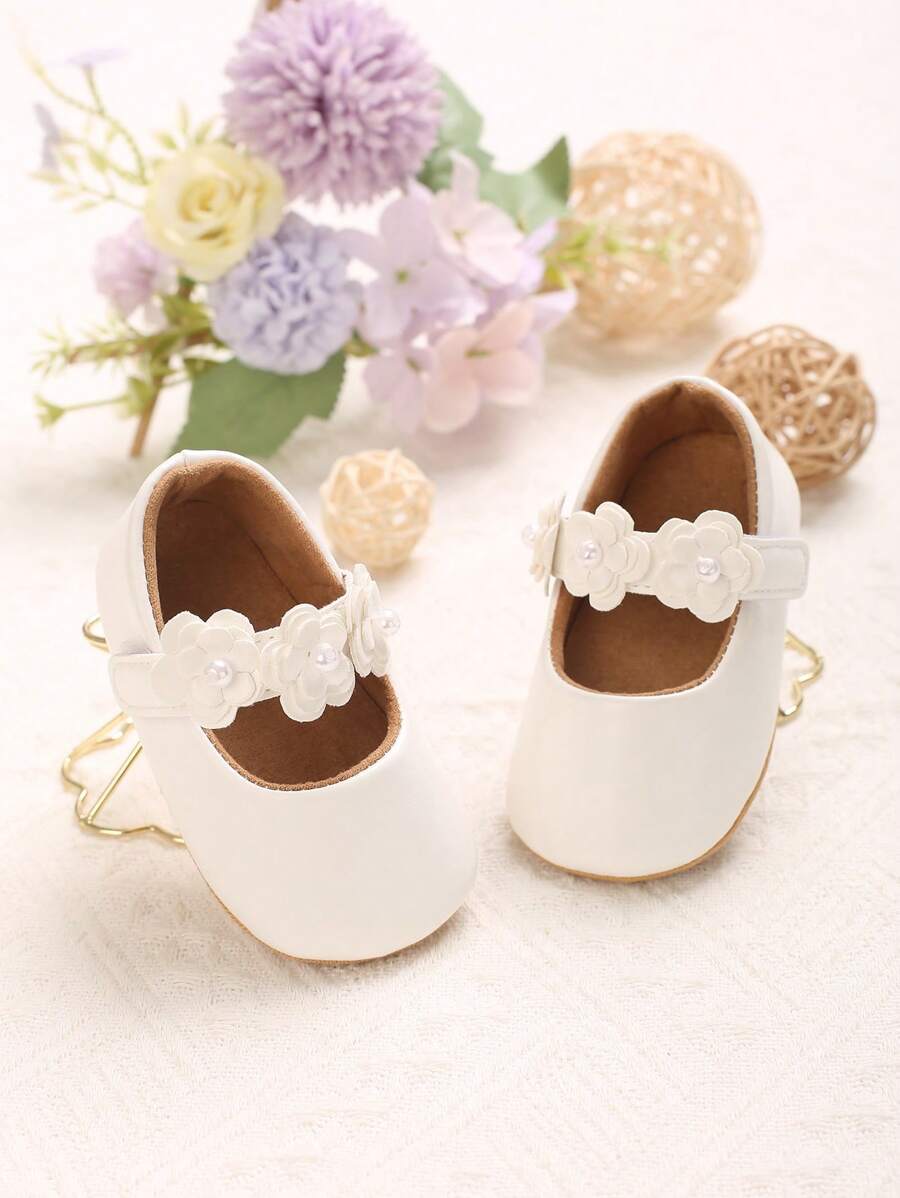 1 双春秋款 0-1 岁女婴蕾丝装饰 PU 软底公主平底鞋 - 白色 - 查看 1