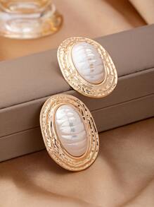 1 Pair Geometric Textured Oval Shape Inlaid Oval Pearl Dangle Earrings, Retro Elegant And Charming Women Earrings - Yellow Gold - View 5