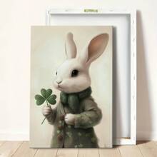 1pc St. Patrick's Day Framed Canvas Wall Art Poster Realism Surrealism Green Neutral A White Rabbit Holding A Four Leaf Clover Wall Art For Living Room Bedroom Bathroom Kitchen Apartment Hotel, Artful Home Decoration - Framed, Vertical