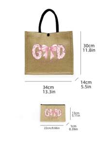 Khaki Tote Bag Two Pieces Set, Along With A Small Makeup Bag, "God" Letter Bow Zipper Women's Makeup Bag - Khaki - View 11