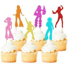 创意迪斯科舞者纸杯蛋糕装饰物、黑色闪光水龙头音乐舞者纸杯蛋糕装饰品、音乐主题生日派对蛋糕装饰用品 - 彩色 - 查看 10