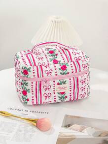 1 PC Vertical Striped Rose Bow Portable Make Up Bag,Fashionable And Casual Large Capacity Portable Zipper Makeup Bags,Travel And Vacation Essentials Cosmetic Bags For Sanitary Napkins,Pouch Pads,Wired Earphones,Earpods,Headphones,Charger,Lipsticks,Cosmetics,Perfume,Skin Care And Beauty Products,Home Decor,For Mom,Women,Nurses,Students,School Girls,Keys,Holiday Gifts Makeup Travel Toiletry Organizer Essentials Gifts Storage Zipper Accessories Nail - Red - View 10