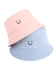 2pcs Women Smiling Face Embroidery Versatile Bucket Hats, Adjustable Festival Couples Casual Sports Hat For Cycling, Sightseeing, Travel, Streetwear, Party