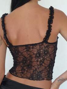 Women's Summer Fashion Cami Tops Black Sleeveless Open Back Lace Floral Cropped Vest - Black - View 6