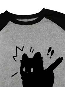 女士时尚休闲 Y2K 可爱猫咪图案印花撞色插肩袖圆领短袖 T 恤