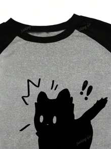 Women's Fashion Casual Y2K Cute Cat Pattern Printed Contrast Color Raglan Sleeve Crew Neck Short Sleeve T-Shirt