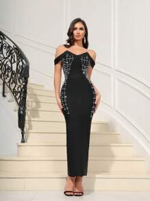 Love Aing 女士闪亮露肩开衩性感名人派对礼服、婚礼宾客礼服、优雅修身紧身鸡尾酒会礼服 - 黑色 - 查看 3