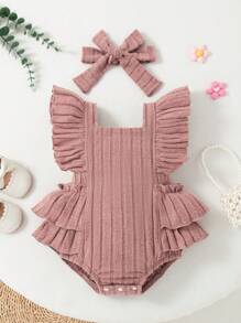 Summer Baby Girl Cute Pink Floral Ruffled Bodysuit & Headband Set - Dusty Pink - View 1