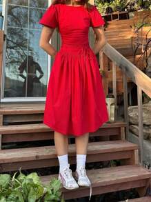 Puff Sleeve Modest Red Mini Dress, Slimming - Red - View 1