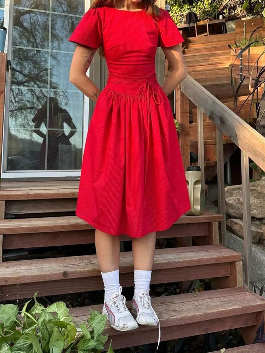 Puff Sleeve Modest Red Mini Dress, Slimming - Red - View 1