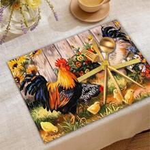 4 件套鸡场印花亚麻餐垫 - 100% 编织亚麻矩形桌垫，适用于餐厅、厨房 - 可洗、防滑、耐热餐垫，适用于咖啡桌、餐桌装饰