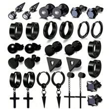 15 pares de pendientes de acero inoxidable para hombres - Aretes tipo cruz y aro, kit de joyería colgante y de perforación - Juego de 15 pares de pendientes de acero inoxidable para hombre - Ver 1