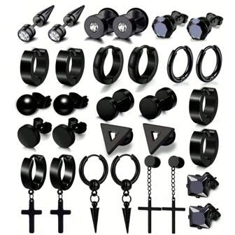 15 对男士不锈钢耳环套装 - 男士和环形耳钉、吊坠和穿孔首饰套装