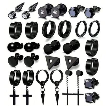 15 pares de pendientes de acero inoxidable para hombres - Aretes tipo cruz y aro, kit de joyería colgante y de perforación