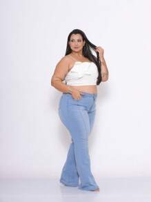 Women's Plus Size Light Blue Flare Jeans With Ribbed Stitching And High Waist - Baby Blue - View 4