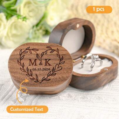 1pc Oval Shaped Custom Walnut Wood Double Ring Box, Square Walnut Wood Ring Box, Round Ring Box, For Wedding Store Ring Box, Personalized Carved Wooden Ring Box, Proposal Engagement Ring Box With Name, Wedding Ring Box, Anniversary Gift, Carved Anniversary Ring Box, Valentine's Day Gift, Birthday Gift, Custom, Personalized, Unique, Ideal Gifts For Him, For Anniversaries, For Valentine's Day, For Mother's Day, For Birthdays, For Father's Day, For Graduation, For Weddings, For Housewarming