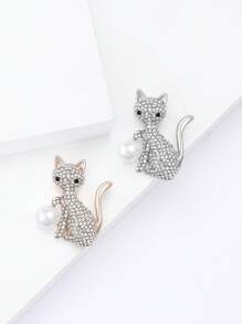 Fashionable Rhinestone Faux Pearl Cat Brooch For Women Animal Brooch Dress Suit Pin Accessories Party Banquet Gift - Cat - View 2