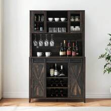 70'' Tall Coffee Bar Cabinet - Farmhouse Wine Bar Cabinet With Storage Shelves 6-Bottle Wine Rack & 12 Stemware Slots Sliding Barn Doors Buffet Cabinet For Kitchen Dining Room