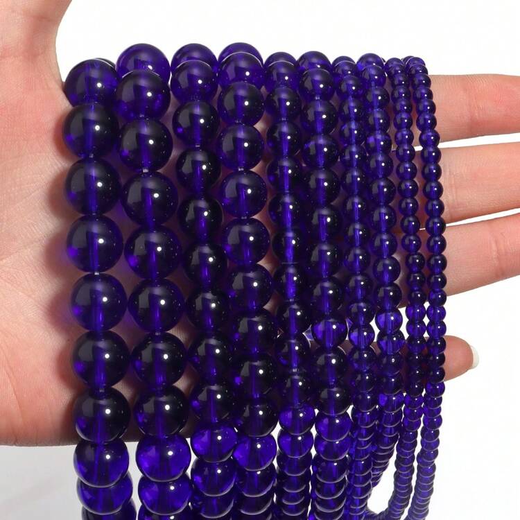 1pc Blue Multi-Size Glass Beads Strand, 4/6/8/10/12mm Fashion All-Match Versatile Blue Handmade DIY Loose Beads, Suitable For Bracelet, Necklace, Jewelry, Phone, Key Chain Decor - Blue - View 2