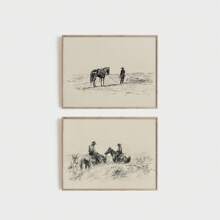 1/2 件复古横向墙壁艺术画牛仔和马匹素描画帆布印刷画，卧室、客厅或办公室的西部装饰，马匹素描印刷乡村农舍装饰，Retroniva 艺术海报，送给他的礼物，无框 - 彩色 - 查看 1