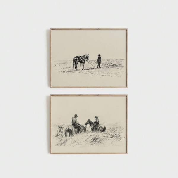 1/2 pezzi Quadri d'arte murale orizzontali vintage, schizzo di cowboys e cavalli, stampa su tela, decorazione occidentale per camera da letto, soggiorno o ufficio, stampa di schizzo di cavallo, decorazione in stile country fattoria, cartellone d'arte vintage, regalo per lui, senza cornice