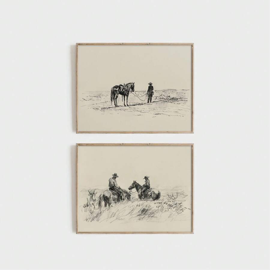 1/2 件复古横向墙壁艺术画牛仔和马匹素描画帆布印刷画，卧室、客厅或办公室的西部装饰，马匹素描印刷乡村农舍装饰，Retroniva 艺术海报，送给他的礼物，无框 - 彩色 - 查看 1