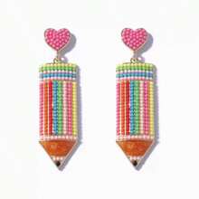 1 对创意设计卡通清新可爱串珠心形合金吊坠耳环，小众女士耳环 - 鉛筆 - 查看 5