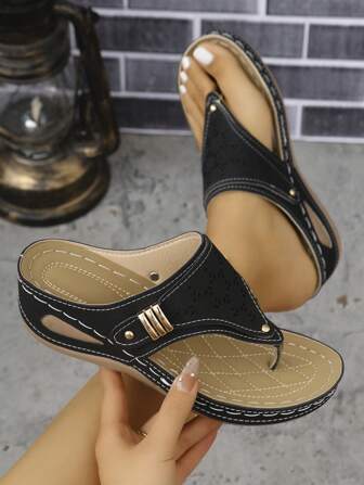 Women's Summer New Color Block Leaf Design Platform Wedge Sandals, With Cross Strap, Hollow-Out Breathable Casual Holiday Fashion Multipurpose Sandals