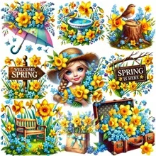 1 包复古春水仙花装饰贴纸，创意花卉手工贴纸，适用于剪贴簿、日记、相册、DIY、学校工艺品、文具用品 - 黃色 - 查看 5