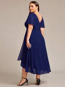 EVERPRETTY Plus Size Elegant High Low Flowing Chiffon V-Neck Ruffle Sleeves Bridesmaid Dress - Navy Blue - View 2