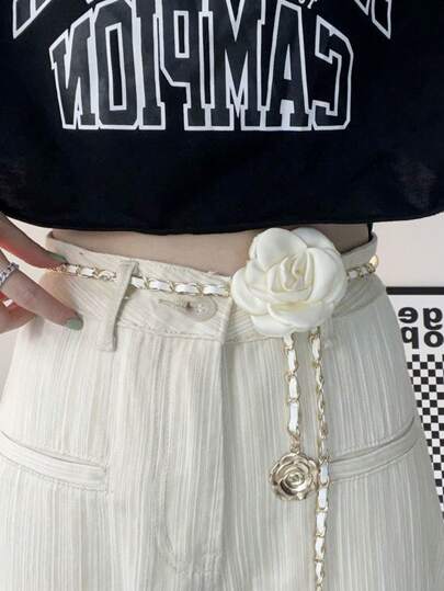 1 pieza Cadena de cintura con flor de camelia, accesorio para estudiantes, cinturón con flores para que los niños decoren vestidos, cadena para jeans