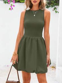 Women's Summer Dress Casual Sleeveless Vest Cute Mini Skirt Round Neck Bubble Skirt Pocket - xanh quân đội - Xem 3