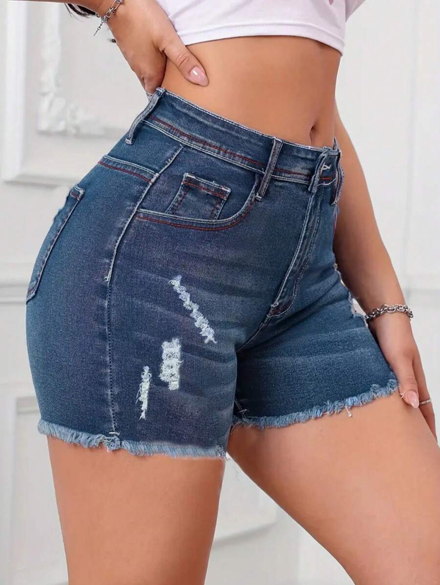 Shorts de Denim Elástico para Mujer con Estrellas Desgastadas - Cintura Alta, Borde Deshilachado, Estilo Urbano, Lavables a Máquina - Azul - Ver 1