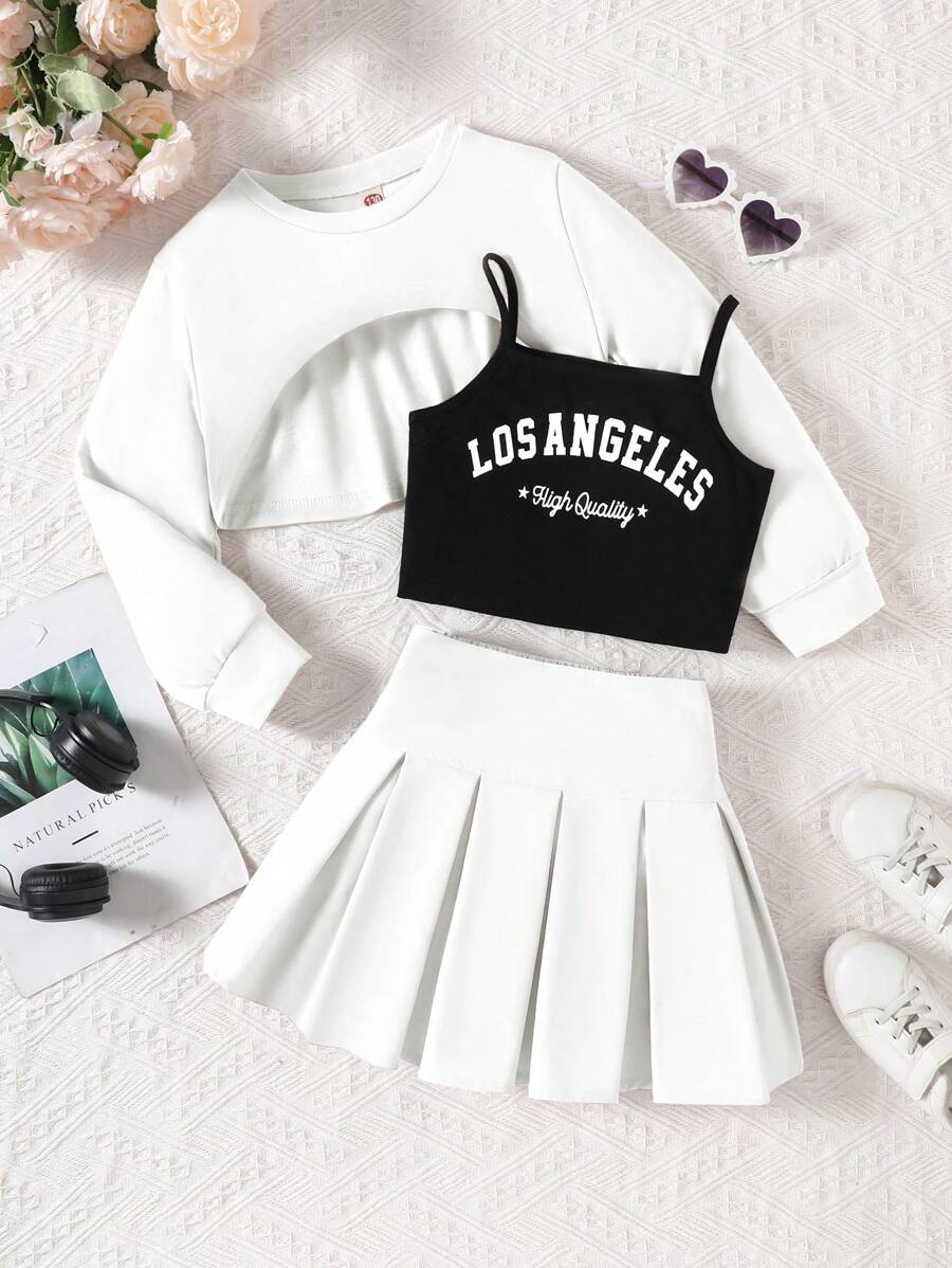 3 件套女童春夏时尚长袖连帽披肩和字母印花吊带背心和百褶裙，早春返校季最佳礼物