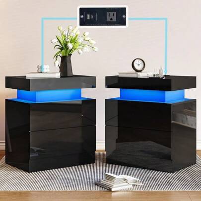Set Of 2 High Gloss LED Nightstands With Charging Station, Modern Bedside Tables With LED Lights & Drawers, Sofa End Side Tables For Bedroom
