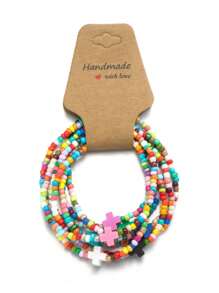 7pcs/Set Minimalist Multi-Color Rice Pearl Beaded Cross Elastic Women Bracelet Set/Couple Bracelet, Suitable For Daily Wear - Multicolor - View 7