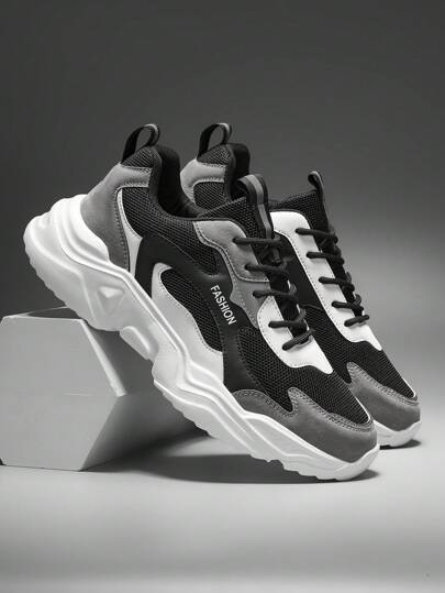 Zapatos casuales de hombre con Bottom suave, puntera redonda, suela gruesa, tela de malla transpirable y mezcla de estilo deportivo y de correr, adecuados para todas las estaciones, gimnasio, ideas para el Día de San Valentín con estampado de letra de color contrastante y cordones bajos