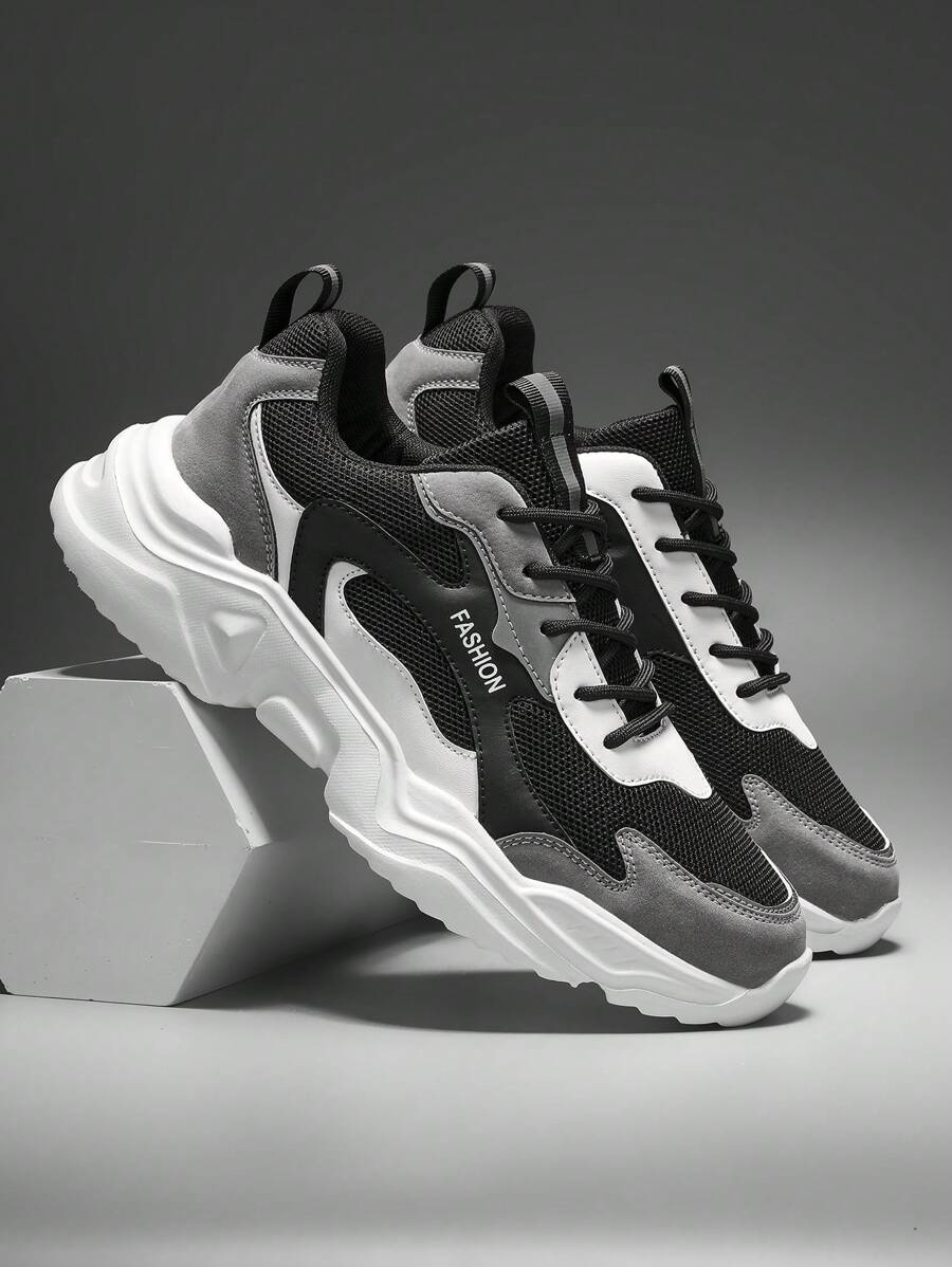 男士撞色字母印花低帮系带软底 PU 休闲鞋，圆头厚底增高透气网眼面料混合运动跑步鞋，适合所有季节，健身房 2000 年代风格情人节创意