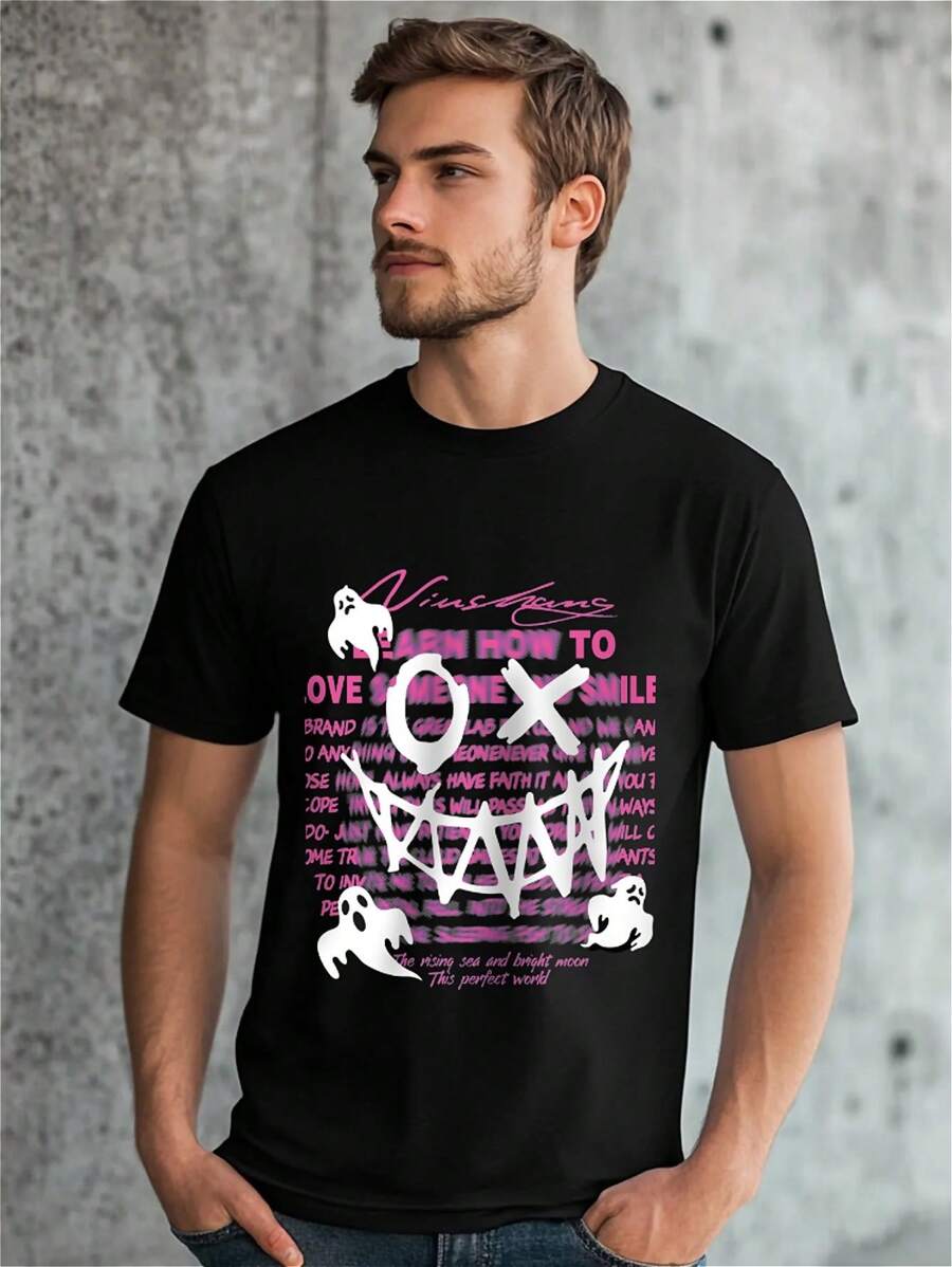 Men's Summer Pure Cotton T-Shirt With Unique Patterns, Simple And Fashionable Street Style - Black - View 1