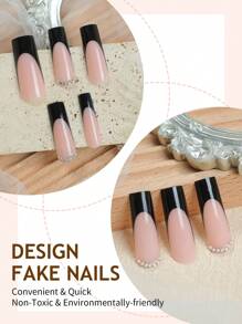 24pcs Black French Manicure Nail Stickers, Rectangular Shape With Rhinestone Decor, Minimalist Style, Full Coverage, Suitable For Women And Girls Daily Wear Nails Nail Supplies - Multicolor - View 3