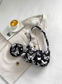 1pc Zipper Closure Fashionable And Simple Butterfly Shoulder Underarm Bag, Detachable Small Round Coin Purse, Niche Design, Comfortable Shoulder Strap, Smooth And Versatile, Suitable For Daily Outings, Play, School, Commuting, A Perfect Gift For Girls - Black - View 5