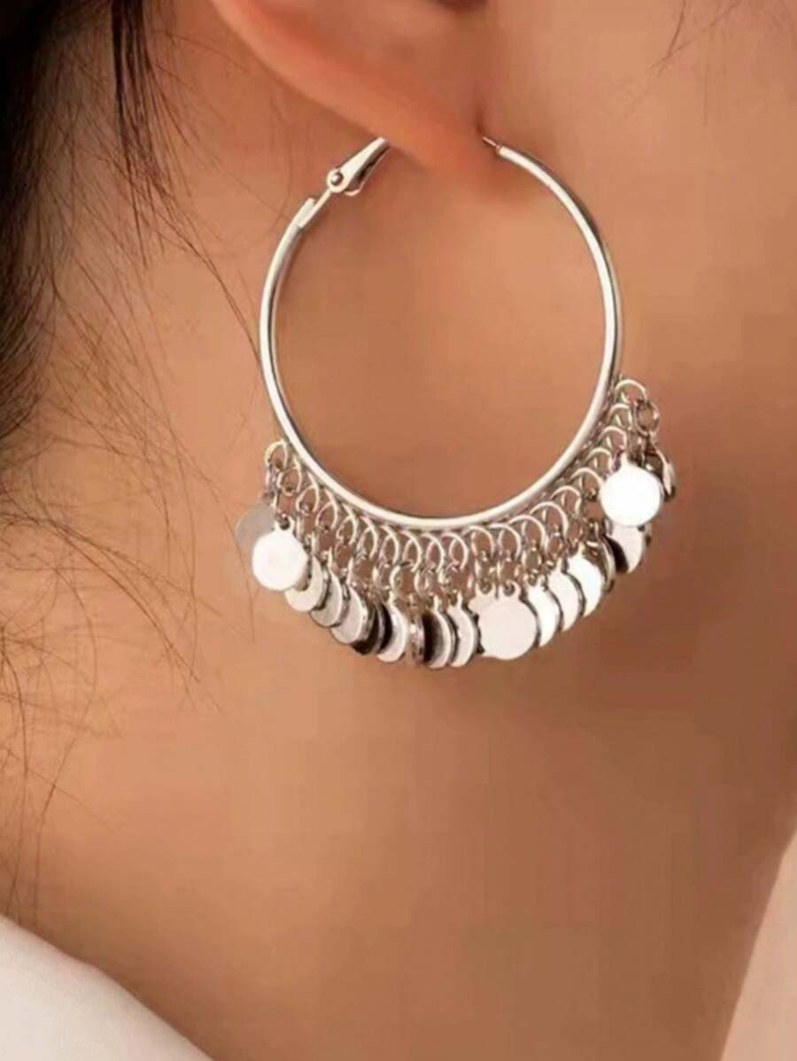 1 Par de Brincos de Argola com Borla Disco Prateada, Brincos Retrô Versáteis de Alta Moda Elegante Europeia e Americana, Argolas Grandes Multicamadas Arredondadas