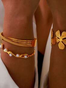 Creative And Fashionable Flower Bracelet Set, Women's Pearl Bracelet, Light Luxury Material Light Titanium Steel Countryside Style Open Bracelet, Party Jewelry Best Friend's Gift