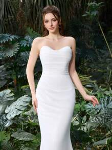 Elegant Polyester Chiffon Bridal Gown With Fish-Tail Silhouette | Guest Dress For Wedding Showers, Garden Parties, And Everyday Formal Wear - White - View 7