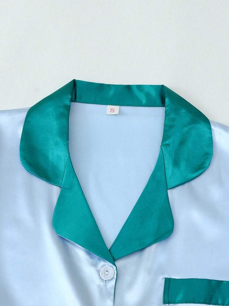 [Elegant Fields]2pcs Satin Comfy Sky Blue & Green Collar Single-Breasted Short Sleeve Top And Shorts Sleepwear Set For Women, Spring/Summer Home Use, Two Pieces Set - Blue - View 3